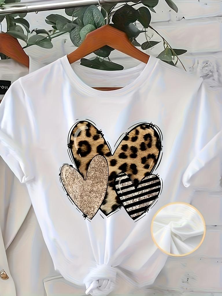 Women's Casual Short Sleeve T-Shirt  Leopard Print   Glitter Heart Design  Seasonal Versatility  Playful Design Comfortable