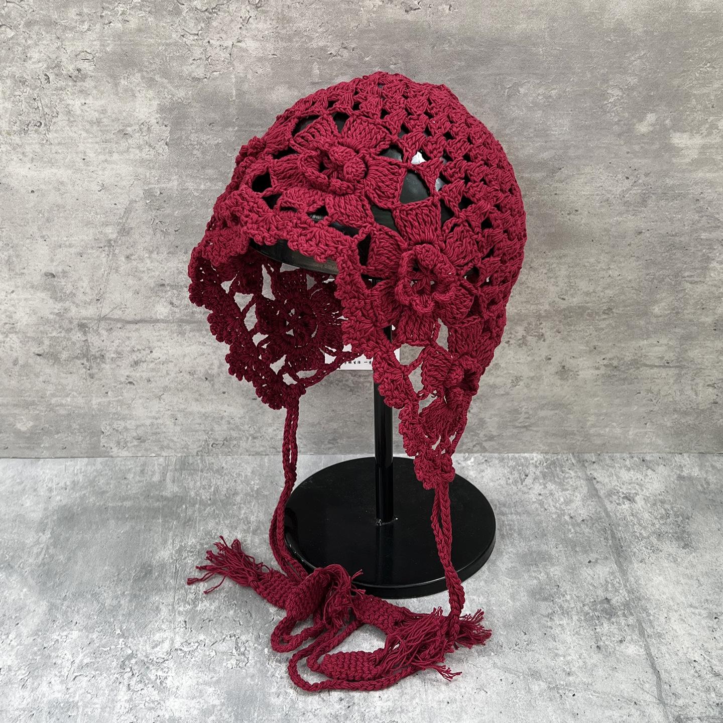 

Grassland Tourism Hand-Woven Hollow Bald Hat Women Pullover Hat Fringed Headdress Three-Dimensional Flower Knitted Hat Summer M（56-58cm）