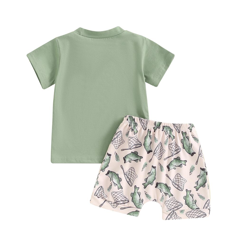 Baby Boys Summer Outfits Letter Print Short Sleeves T-Shirt and Elastic Fish Print Shorts Set for 2 Piece Clothes Set
