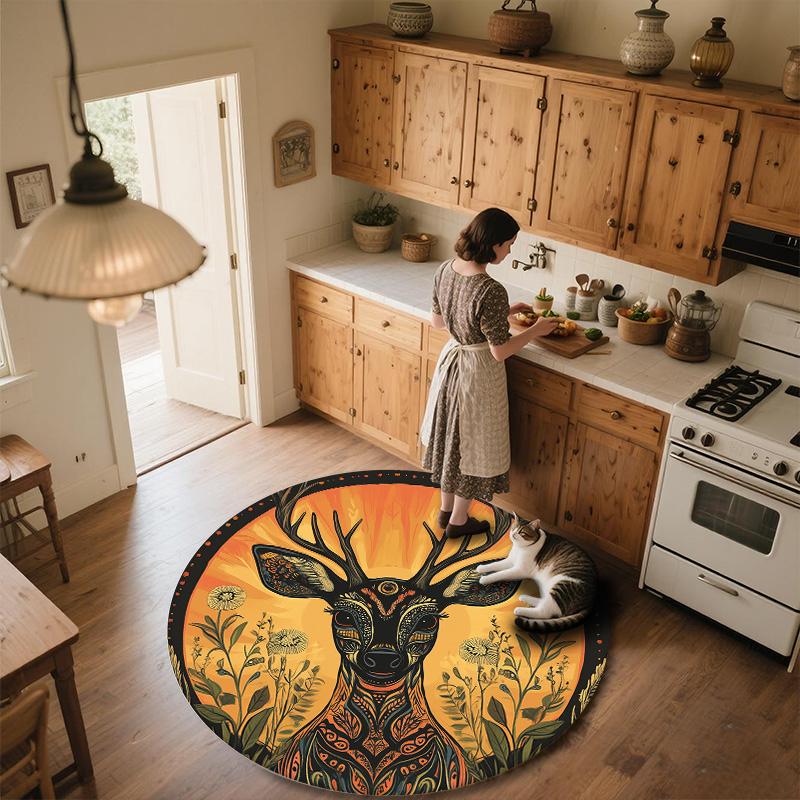 Vintage Sunset Deer Head,Round Area Rug,Carpet Rug for Living Room Bedroom Sofa Playroom Decor,Non-slip Floor Mat