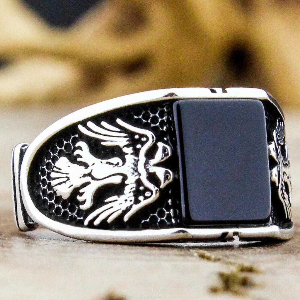 Retro Handmade Turkish Signet Rings for Men Ancient Silver Color Carved Ring Mystic Zircon Inlay New Punk Motor Biker Ring