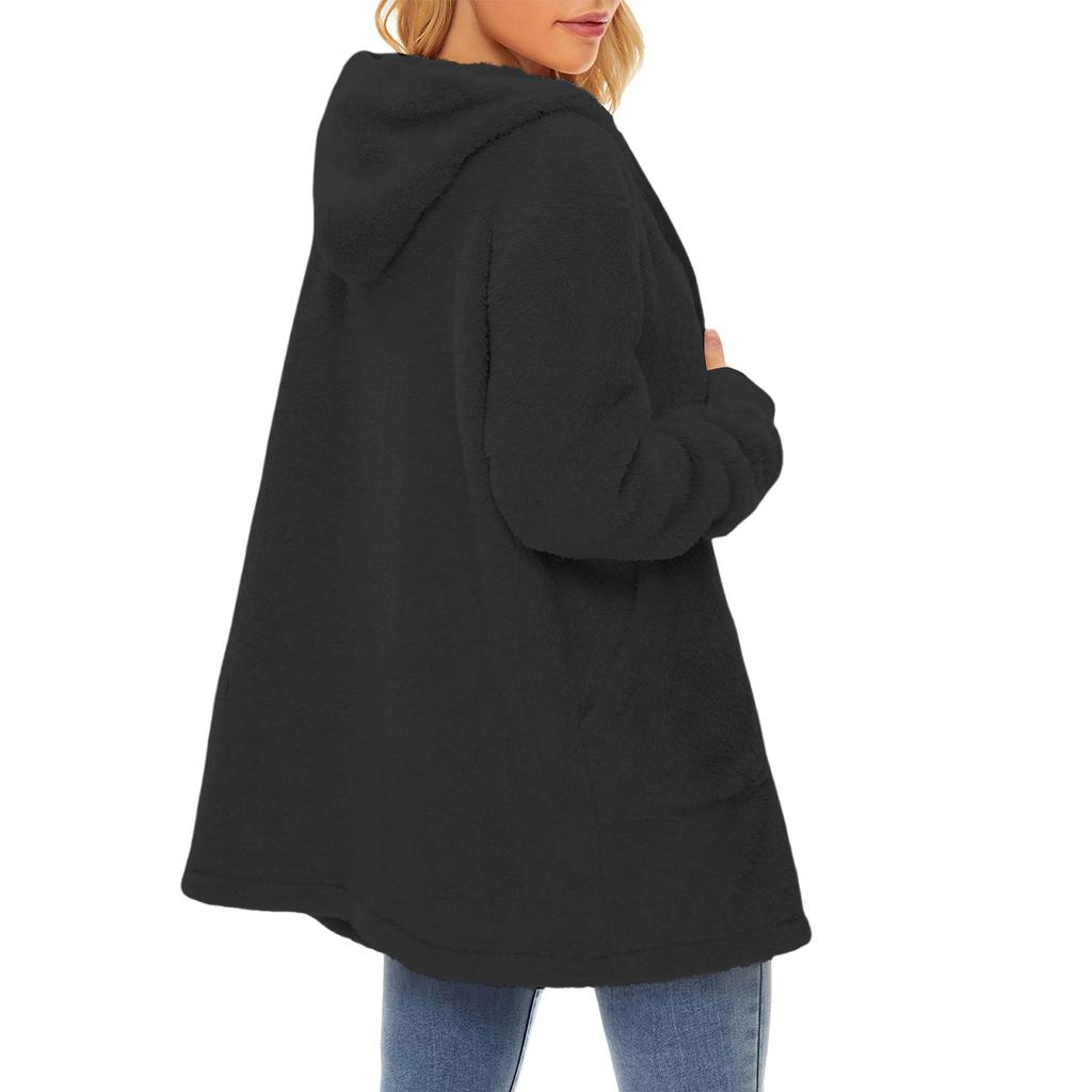Women's Casual Fleece Lined Hooded Cardigan Solid Color Long Sleeved Coat