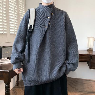 Pullover Herbst und Winter Einfarbig Unregelmäßiger Knopf Halber Rollkragen Pullover Herren Koreanischer Stricktop
