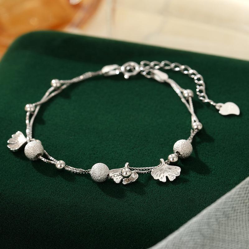 

S925 Серебряный браслет Sansheng с абрикосом, двухслойный браслет с листьями гинкго и матовым жемчугом для женщин, сладкий и свежий подарок подруге Adjustable size