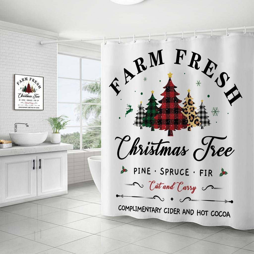 Best-Selling Christmas Digital Print Shower Curtain Waterproof, Includes Plastic C-Shaped Hooks