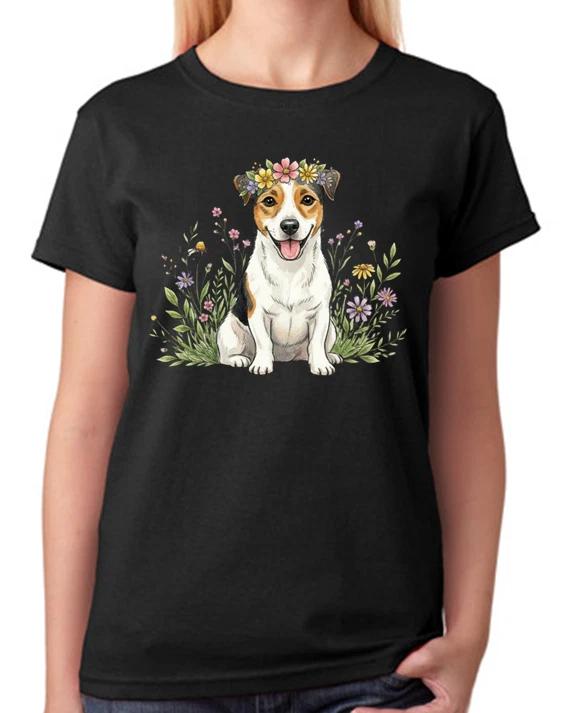 Floral Jack Russell Terrier Illustration Ladies T-Shirt Cute Dog Tee L