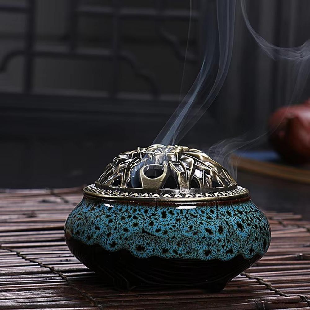New Ceramic Incense Burner Copper Cover Ice Crack Incense Plate Antique Alloy Sandalwood Stove Home Decoration