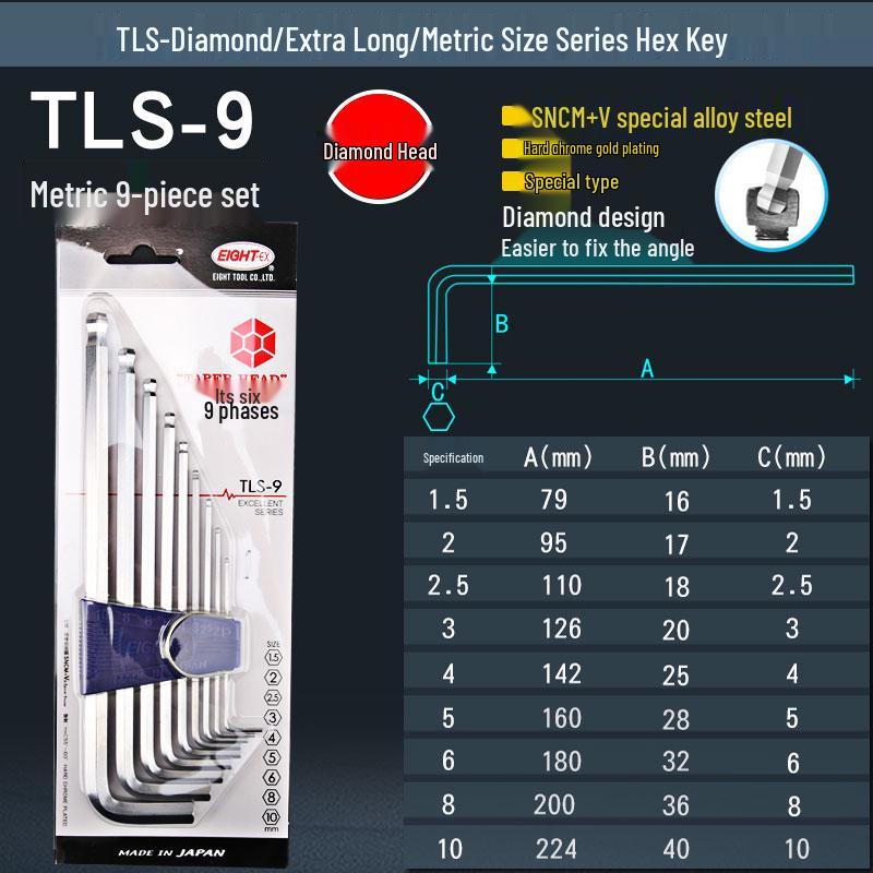 Japonská extra dlouhá sada šestihranných klíčů s kulovou hlavou (TLS-6/7/8/9)