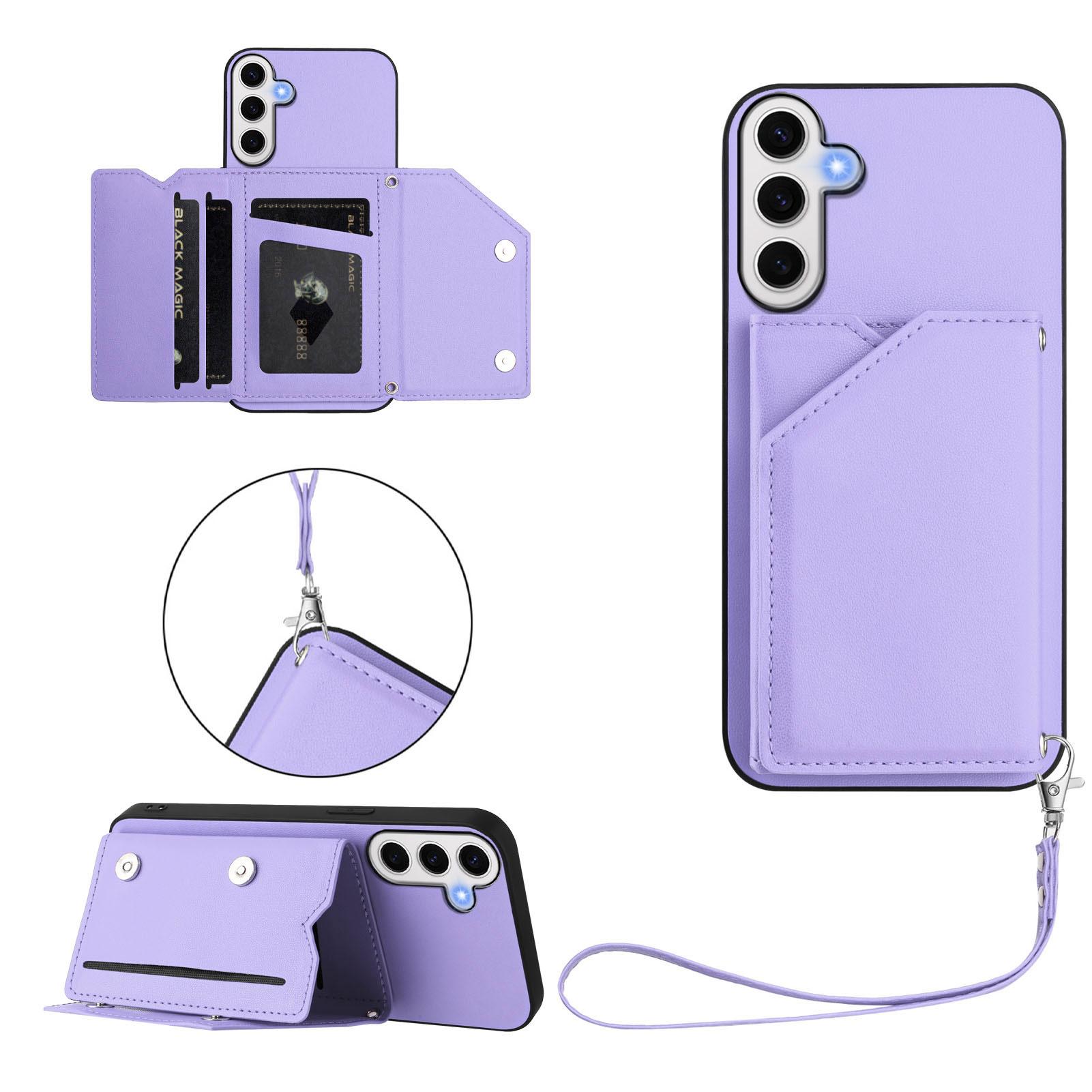 

For Samsung Galaxy S24 FE Case Card Holder Kickstand Skin-Touch Phone Cover with Wrist Strap Light Purple