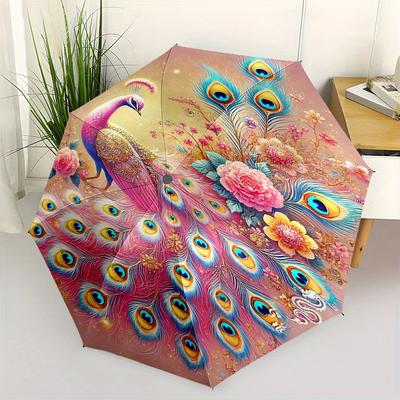 Peacock, Pink Automatic Folding Umbrella Simple Eight Rib Design, Bright Color Pattern, Durable Iron Frame, Ideal for Travel and Outdoor, B