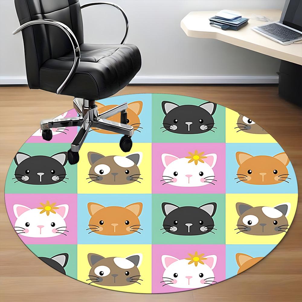 1pc Cat Faces Office Round Area Rug, Mat Suitable ForOffice, Under Office Chairs Bedroom Living Room Home Decor, Room Deco