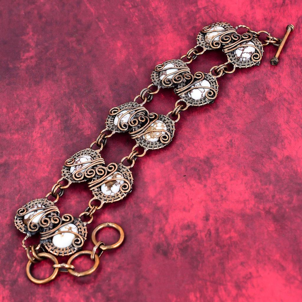 Pulseira de magnesita cavalo selvagem pulseira enrolada em fio de cobre pulseira de corrente ajustável pulseira de pedras preciosas joias de cobre feitas à mão presentes de casamento