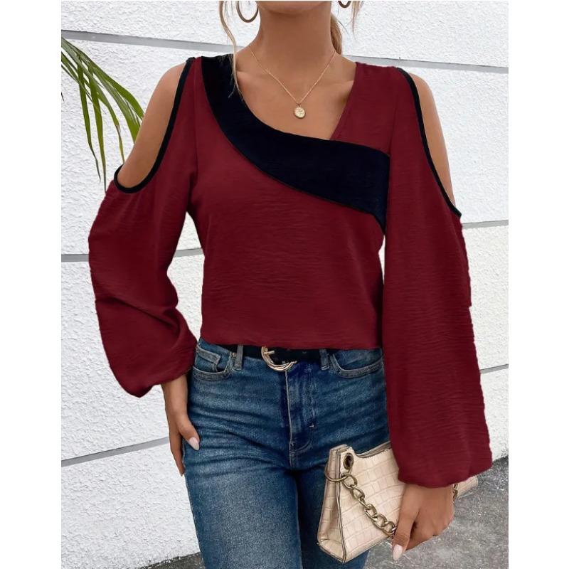 Women's Beige Black Color Block Cold Shoulder Top Spring Summer Long Sleeve Casual Blouse