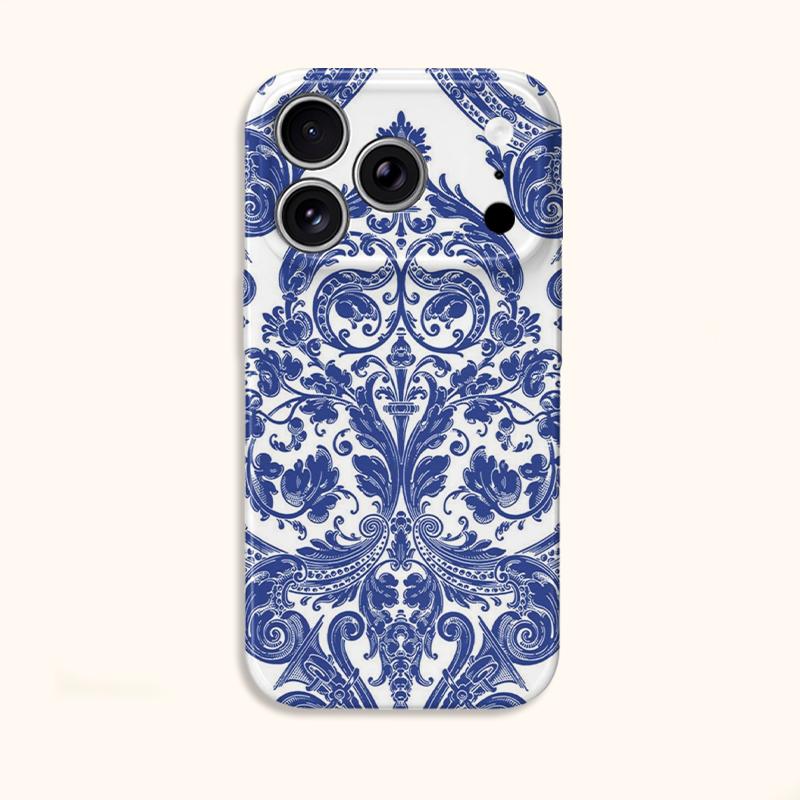 Cobalt Baroque Ornate Pattern Design Art Film Aesthetic Protective Shockproof Bumper Phone Case Cover For iPhone 14 15 16 Pro Max Plus