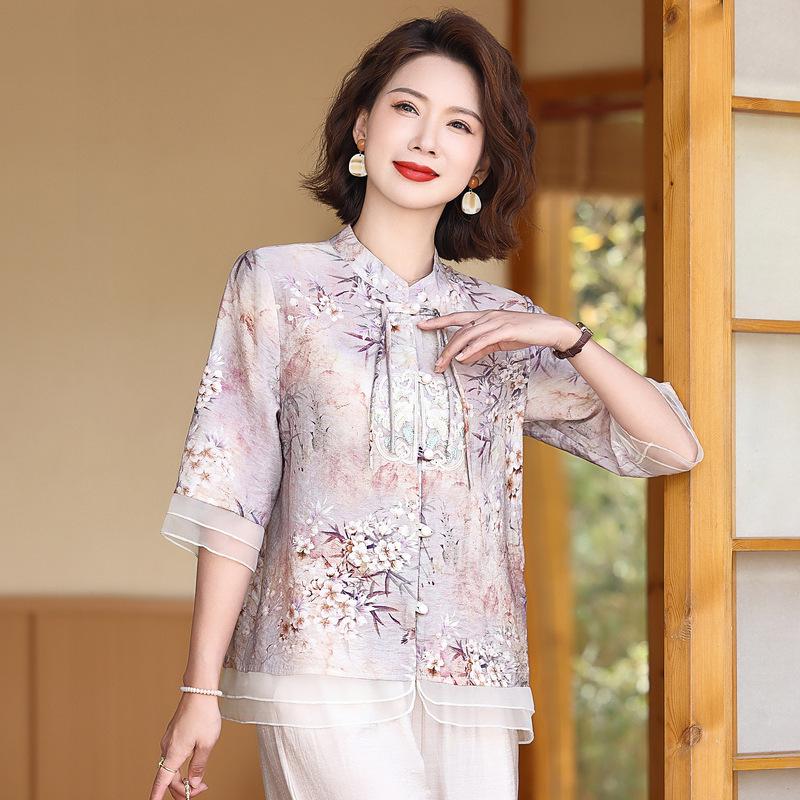 

Elegant Chinese Style Summer Set: Mid-Sleeve T-shirt & Casual Pants for Middle-Aged and Elderly Women 5XL светло-фиолетовый