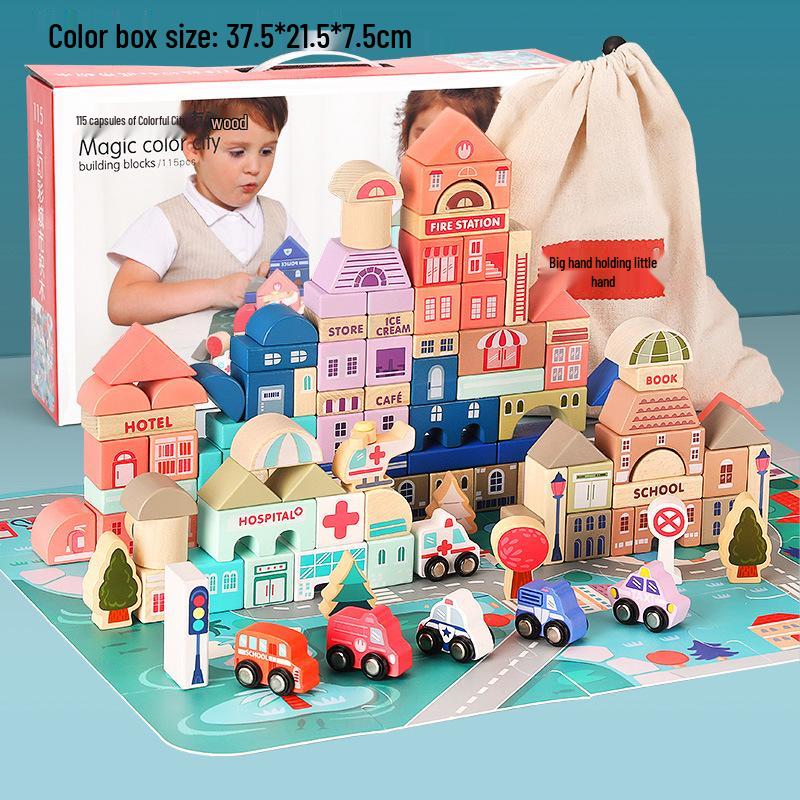 

115 штук Деревянные строительные блоки Macaron City для детей – Набор обучающих игрушек с крупными деталями