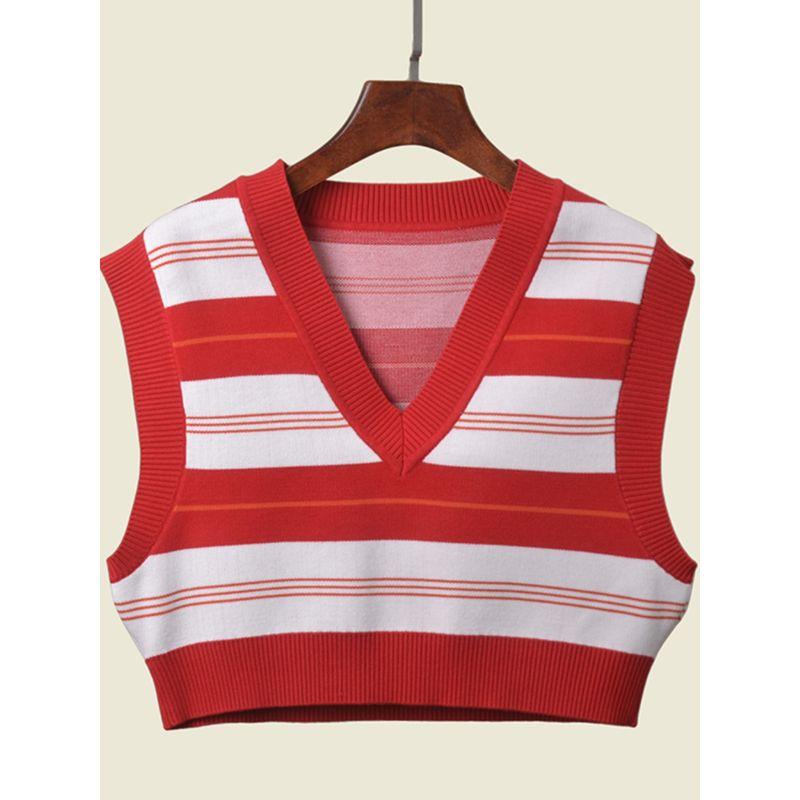 Fashion Style V Neck Stripes Short Vest Student Bandage Dress Thermal Knitting Vest