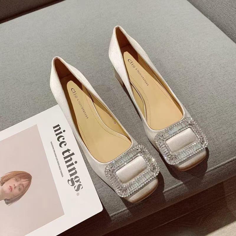 Women's 2025 Spring/Autumn Square Toe Rhinestone High Heels with French Satin Buckle
