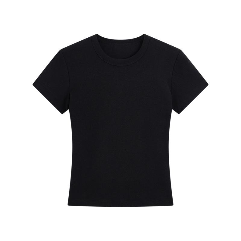 Shoulder Short Sleeved T-shirt for Women, French Round Neck Short Style, Elastic Slim Fit, Spicy Girl Style, Slimming Short Top for Women S чёрный