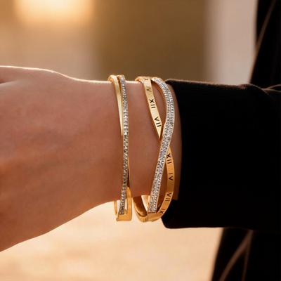 Shiny Zircon Crossed Stainless Steel Bangle Bracelet for Women, Gold Color Layered Stackable Female Waterproof Jewelry Gift