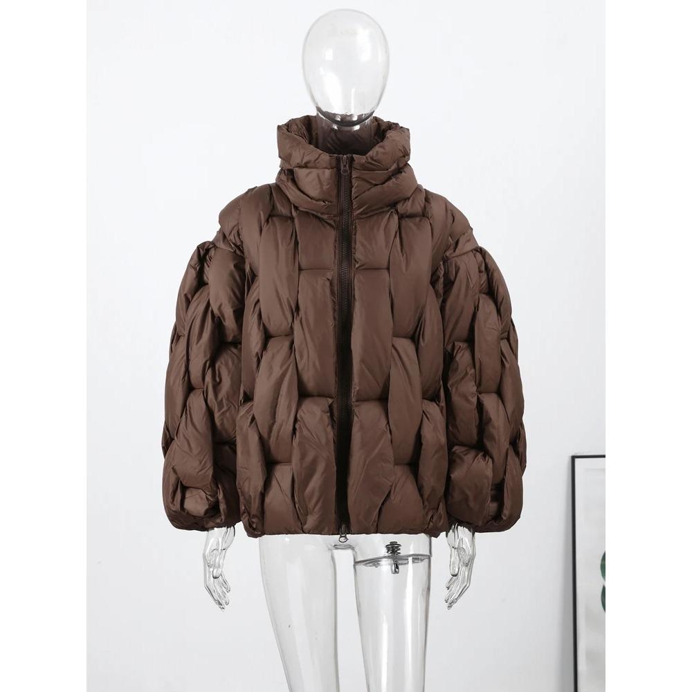 

Куртка стеганая с воротником-стойкой на молнии, с ромбовидным узором, женская, элегантная, с рукавами-фонариками, свободного кроя, с карманами, куртка-бомбер, шикарная женская верхняя одежда M коричневый