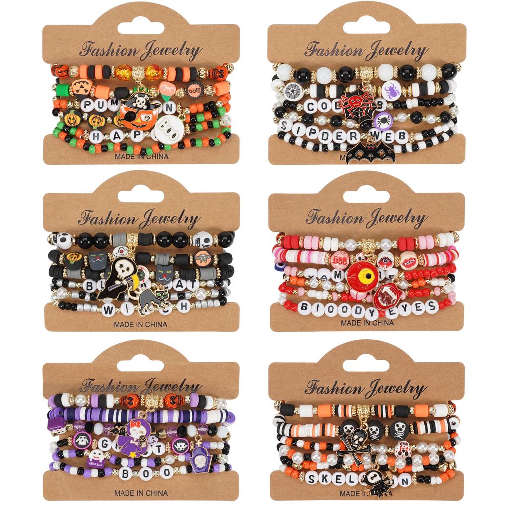 Halloween Bracelet Corn Pirate Ghost Pendant Polymer Clay Beaded Stretch Bracelet Party Holiday Jewelry 6pcs
