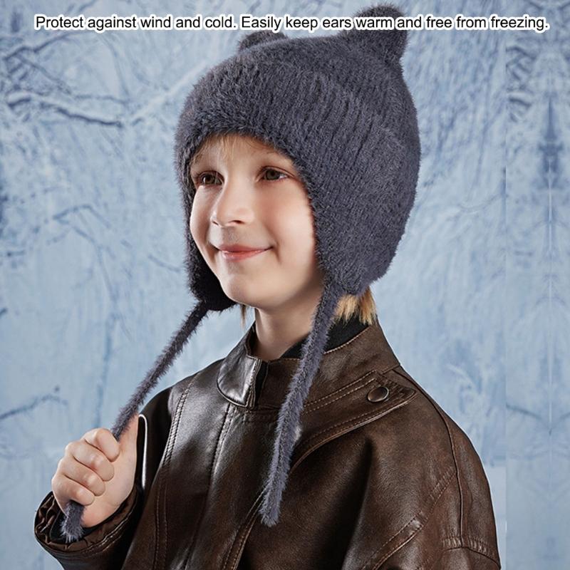 Thickened Knitted Cap Winter Hat For Kids With Thermal Ear Protection Cold Weather Windproof Design Polyester