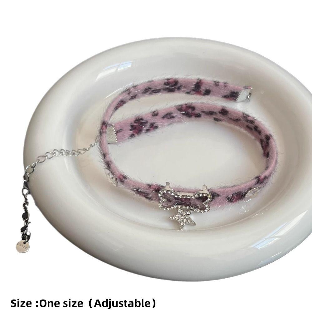 Plush Chokers Necklace Pink Leopard Print Neck Accessories Star Pendant Necklaces for Women Girls