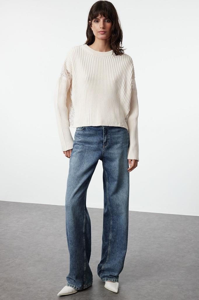 Women's Fashionable Stylish Sweater Ecru Soft Textured Crew Neck Knitwear Sweater