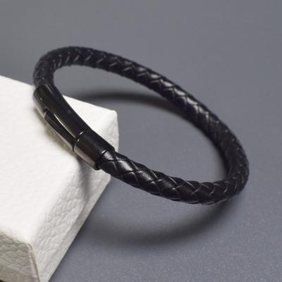 South Korea Fashion Style Stainless Steel Spring Buckle Bracelet 6mm Black Leather Woven Rope Bracelets for Men's Jewelry Gifts
