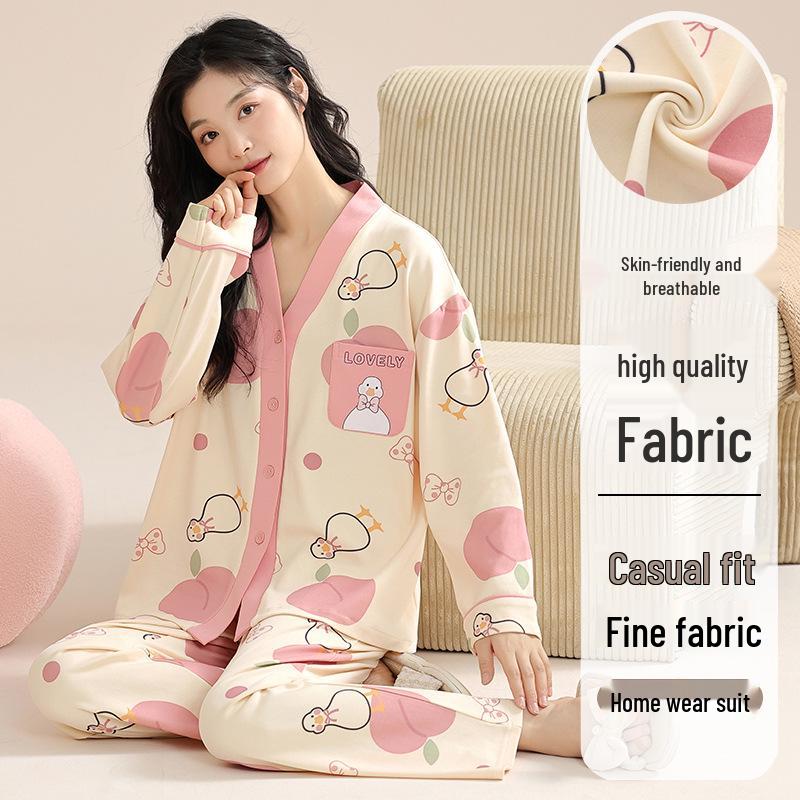 Autumn V-Neck Women's Pajamas Set: Cute Long-Sleeve, Plus-Size Homewear for Spring/Autumn.