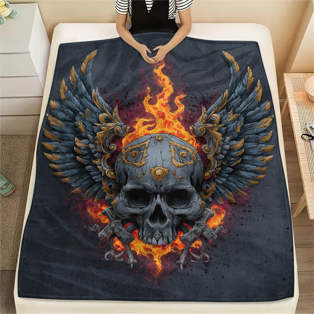 Winged Skull Print Flannel Blanket, High Quality Comfortable for All Seasons, Home Decor, Warmth and Comfort
