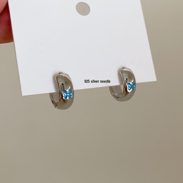 Butterfly Oil Drip Metal Hoop Earrings - Women's Retro Simple Studs with Unique Design 