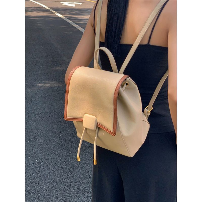 Autumn New Drawstring Fashion Backpacks for Women Casual Lady High-Capacity Double Shoulder Bags Simple Contrast Color Handbags