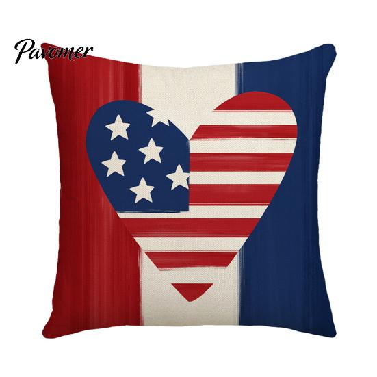 Linen Pillowcase 4th of July Pillow Cover, Independence Day with Red Blue Stripes Hearts Fourth Of Cover Stars Print, Sofa Cushion for Bed Couch