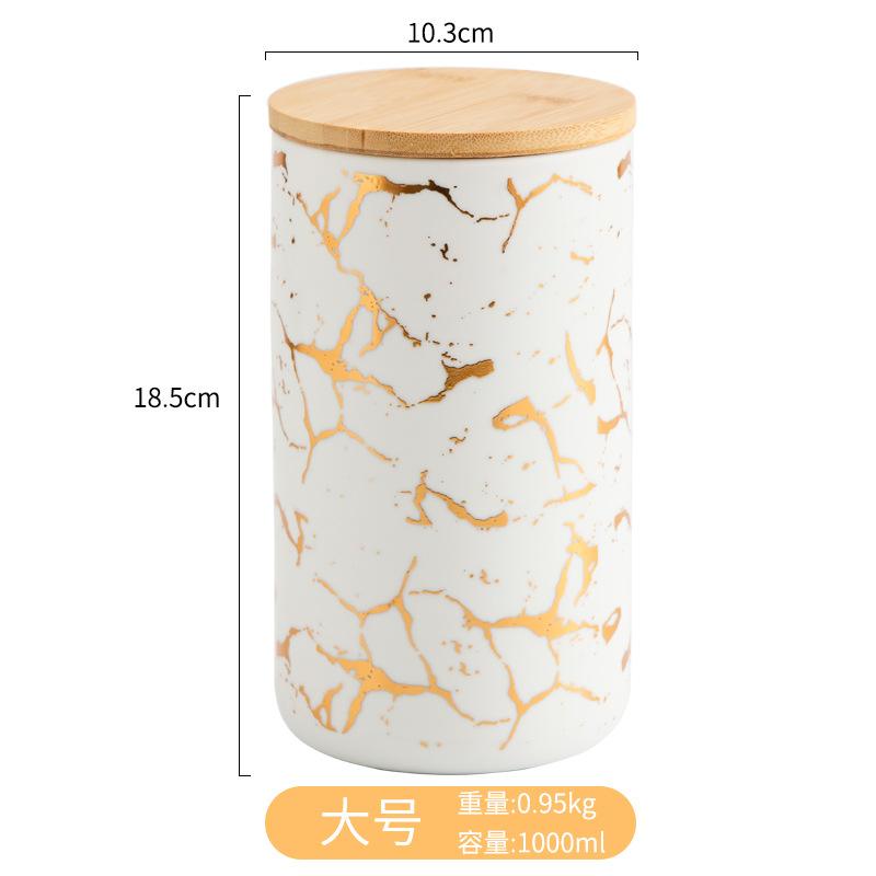 Modern Gold Plated Marbled Ceramic Jar with Wood Lid Kitchen Spice Grain Tank Candy Nut Tank Sealed Storage Jar Gift Home Decor