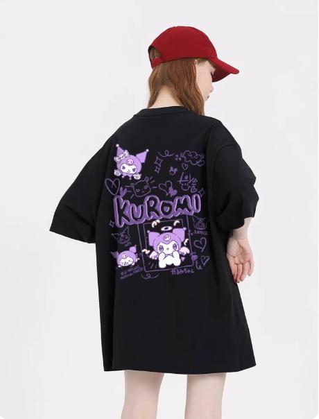 MINISO Sanrio Ретро Футболка с принтом Куроми 2025 Новая с коротким рукавом Женская Мужская Парная Повседневная Свободная Универсальная Хит Продаж Футболки S