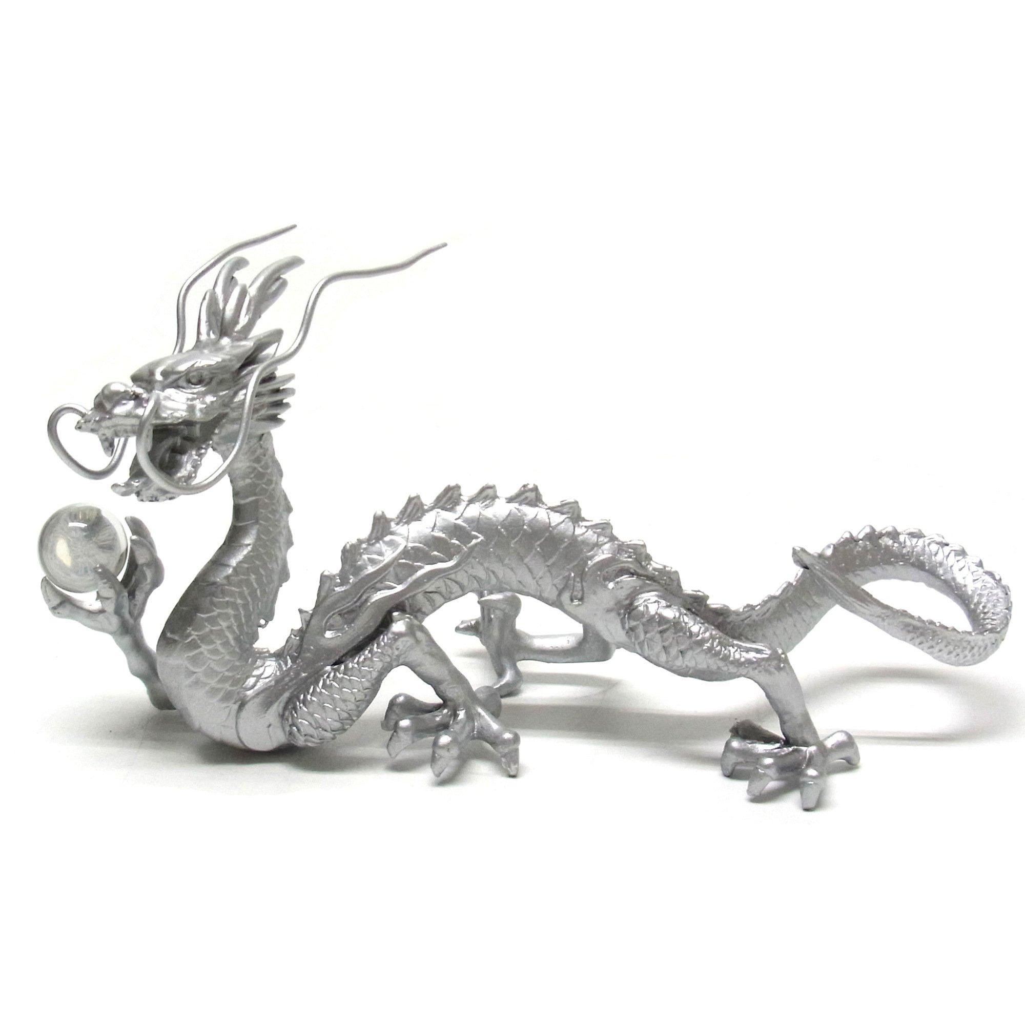 

Copper Silver Dragon Holding a Crystal Ball, Feng Shui Good Luck Ornament, Goods, Item
