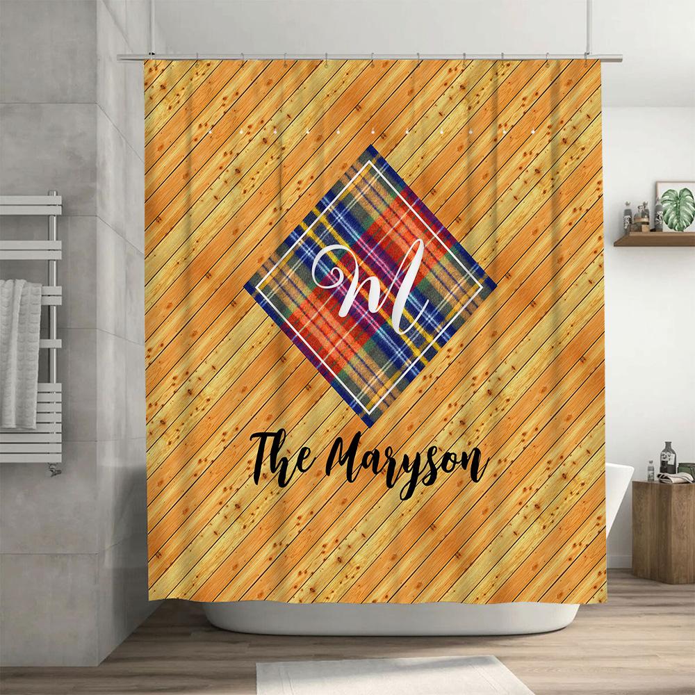 Customizable Shower Curtain with Personalized Name Plaid Pattern Bath Decoration Orange Wood Grain Design (Medium Size)