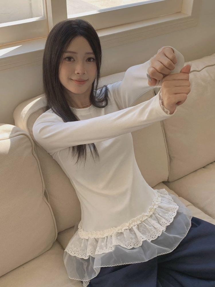 Koreanisches Süßes Spitzenbesatz Langarm Thermofleece Damen Oberteil - Herbst/Winter Schlankmachender Vielseitiger Stil.