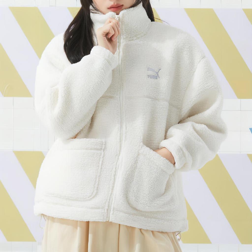 Puma Solid Color Casual Lamb Fleece Loose Long Sleeve Coat Women Outerwear White 625806-65