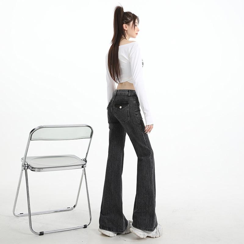 New In Autumn and Winter, Bamboo Pattern Gray Micro-elastic Low-rise Micro-loose Flared Jeans Women's Gray Trousers Yichun