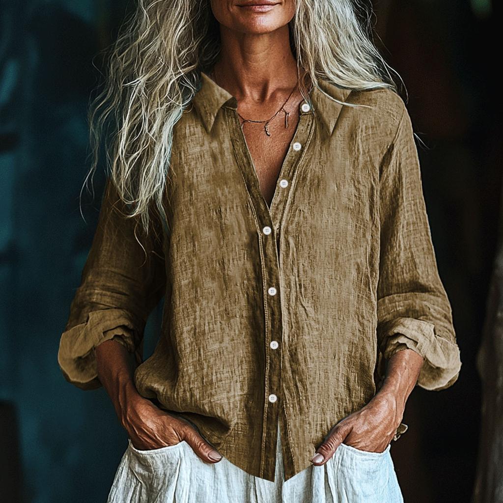 Women's Fashionable And Casual Solid-color Long-sleeved Cotton And Linen Shirt Top