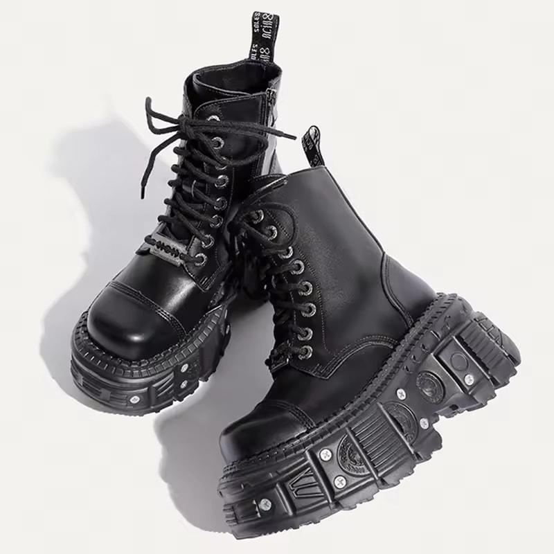

Women Men Punk Boots Platform Personalized Design Shoes Leather Cool Boots Retro Chunky High Quality Lace Up Casual Outdoor Shoes 45 чёрный