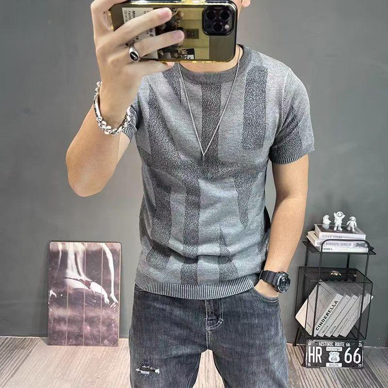2025 Autumn/Winter Men's Slim Fit Half Sleeve Knitted T-Shirt - Fashionable Youth Base Layer Top