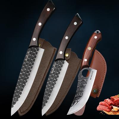 3PCS Stainless Steel Knife Set Sharp Kitchen Knives with Covers Professional Cooking Cutting Knife Forged Knife Multipurpose Boning Knife Meat Cleaver