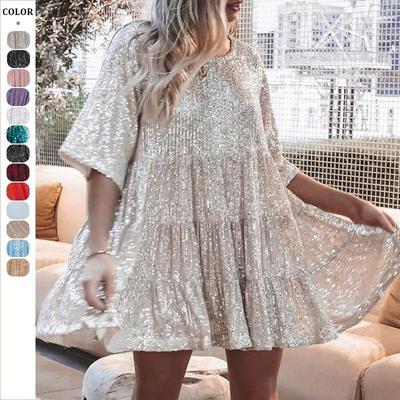 Solid Color Fashionable Round Neck Loose Waist Short Sleeved Dress