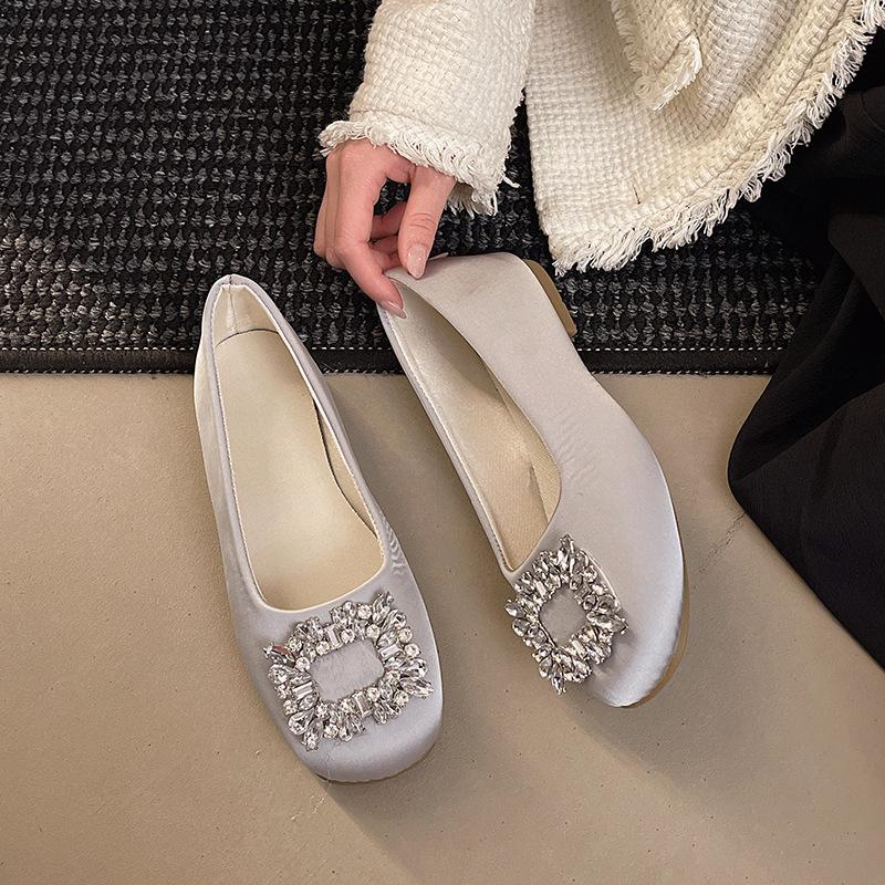 French Rhinestone Satin Square Head Single Shoes Women's 2025 New Spring Flat Temperament with Skirt Mary Jane Shoes Ladyshoes