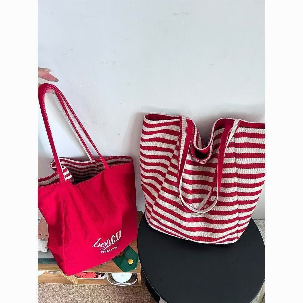 Summer Striped Canvas Bag I Lazy Wind Tote Bag Student Large Capacity Casual Shoulder Bag Women
