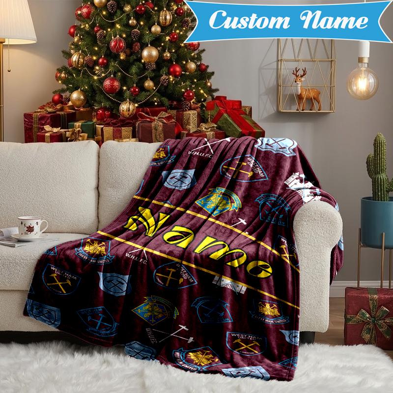 Custom Name West Ham Crests Pattern Blanket Lightweight Ideal Bedding Blanket Perfect for Travel, Camping, Living Rooms, Sofas, Christmas gift